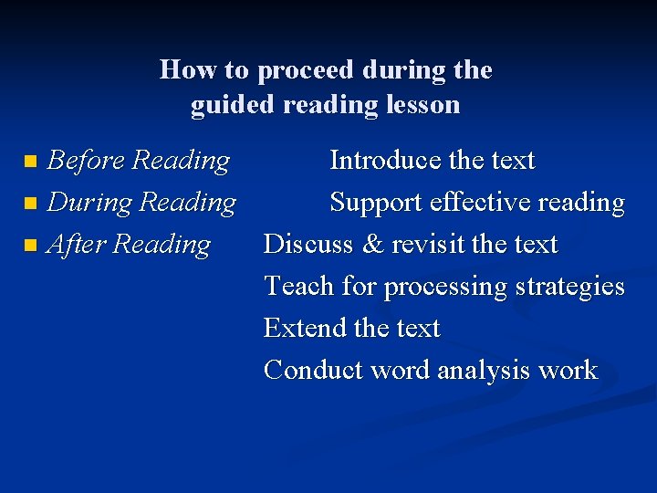 How to proceed during the guided reading lesson Before Reading Introduce the text n