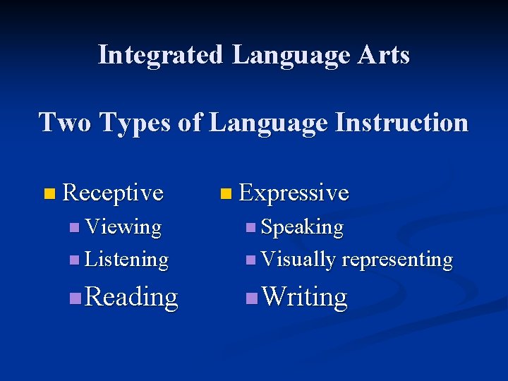 Integrated Language Arts Two Types of Language Instruction n Receptive n Expressive n Viewing