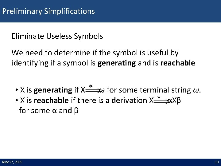 Preliminary Simplifications Eliminate Useless Symbols We need to determine if the symbol is useful