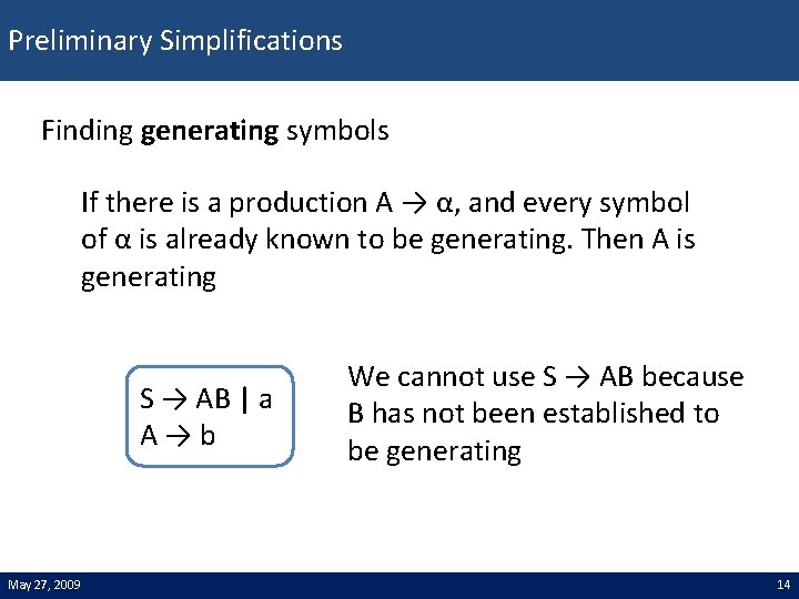 Preliminary Simplifications Finding generating symbols If there is a production A → α, and