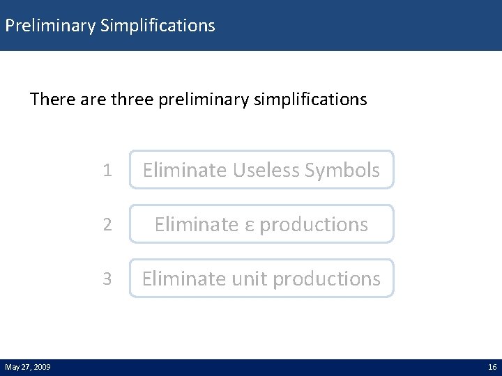 Preliminary Simplifications There are three preliminary simplifications May 27, 2009 1 Eliminate Useless Symbols
