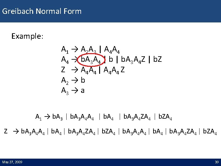 Greibach Normal Form Example: A 1 → A 2 A 3 | A 4