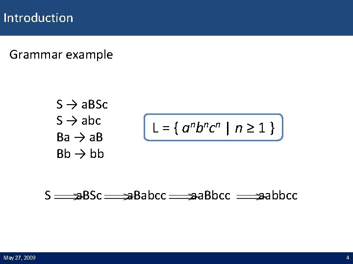 Introduction Grammar example S → a. BSc S → abc Ba → a. B