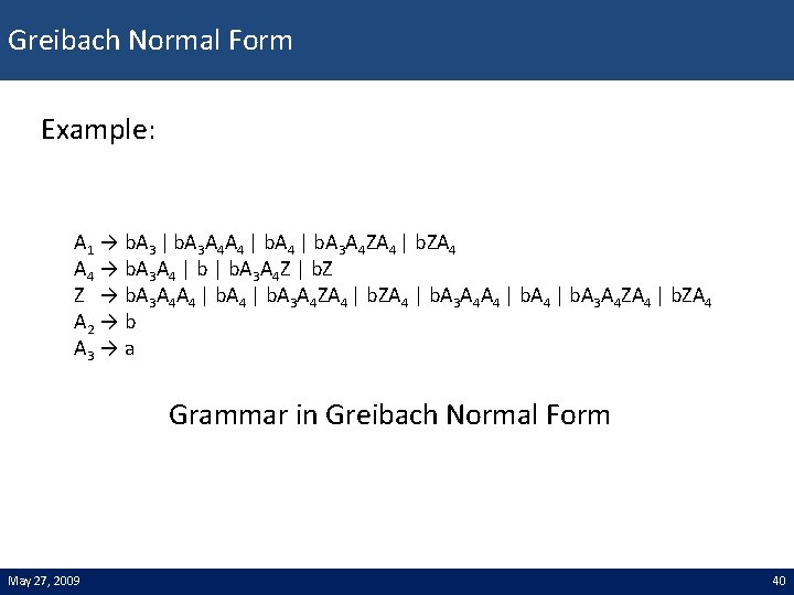 Greibach Normal Form Example: A 1 → b. A 3 | b. A 3