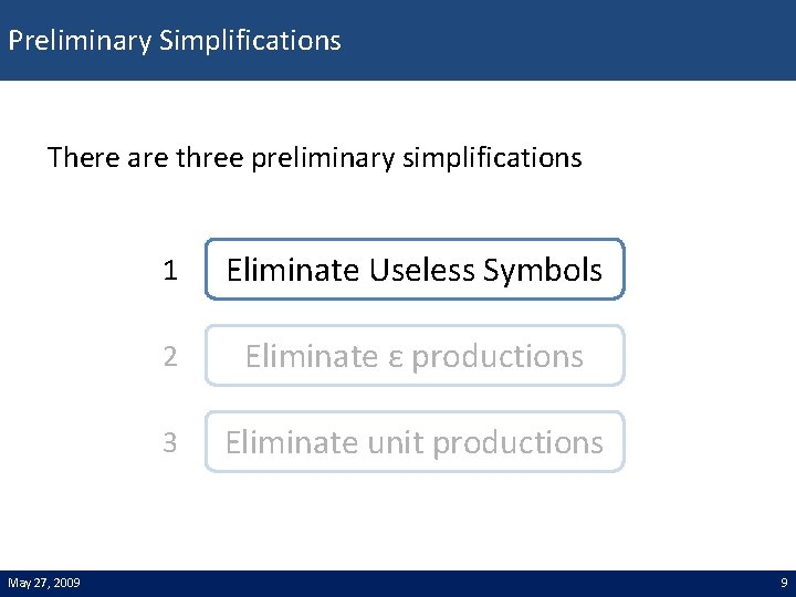 Preliminary Simplifications There are three preliminary simplifications May 27, 2009 1 Eliminate Useless Symbols