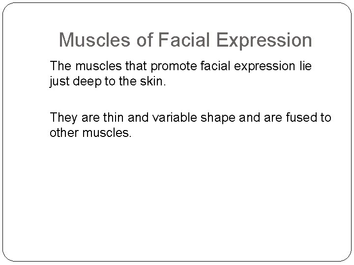 Muscles of Facial Expression The muscles that promote facial expression lie just deep to