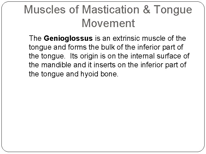 Muscles of Mastication & Tongue Movement The Genioglossus is an extrinsic muscle of the