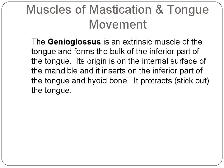 Muscles of Mastication & Tongue Movement The Genioglossus is an extrinsic muscle of the
