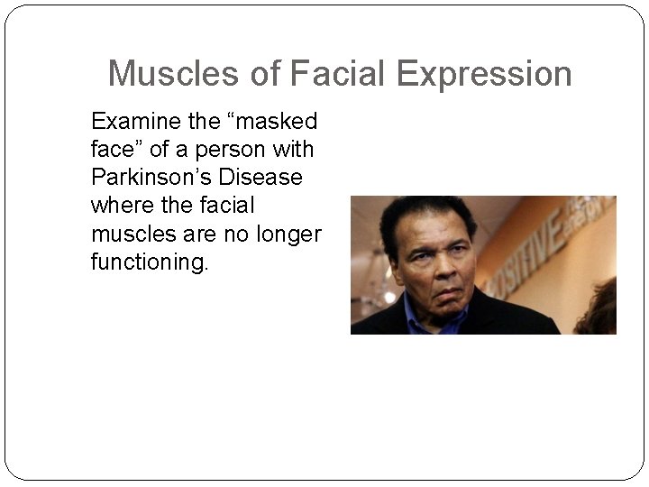 Muscles of Facial Expression Examine the “masked face” of a person with Parkinson’s Disease