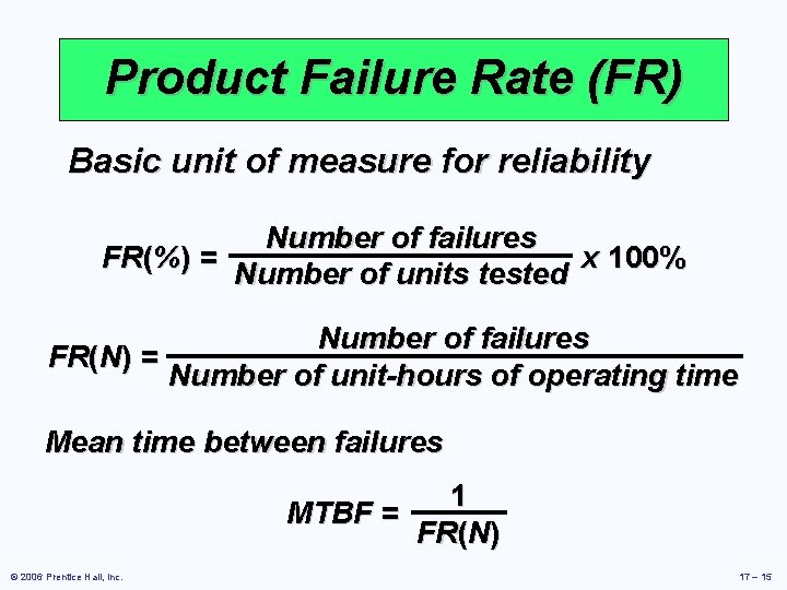 Product Failure Rate (FR) Basic unit of measure for reliability Number of failures FR(%)