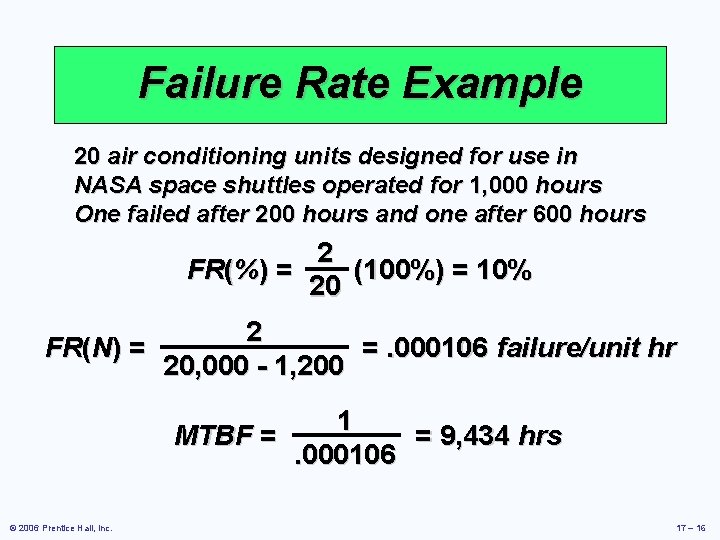Failure Rate Example 20 air conditioning units designed for use in NASA space shuttles
