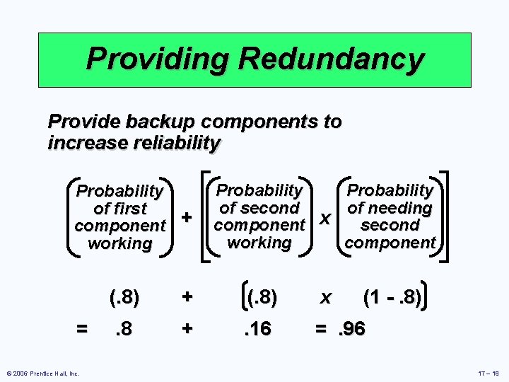 Providing Redundancy Provide backup components to increase reliability Probability of first component + working