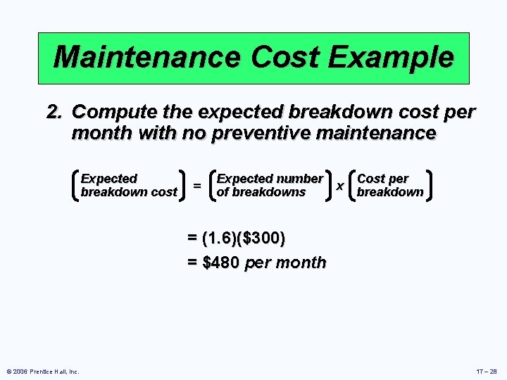 Maintenance Cost Example 2. Compute the expected breakdown cost per month with no preventive