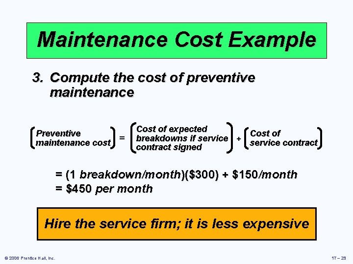 Maintenance Cost Example 3. Compute the cost of preventive maintenance = Preventive maintenance cost