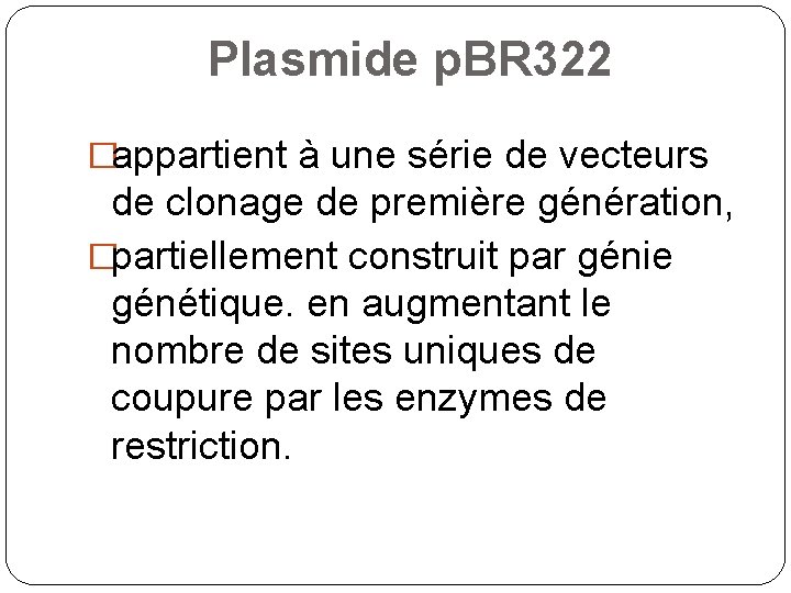 Plasmide p. BR 322 �appartient à une série de vecteurs de clonage de première