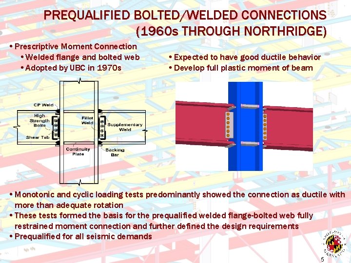 PREQUALIFIED BOLTED/WELDED CONNECTIONS (1960 s THROUGH NORTHRIDGE) • Prescriptive Moment Connection • Welded flange