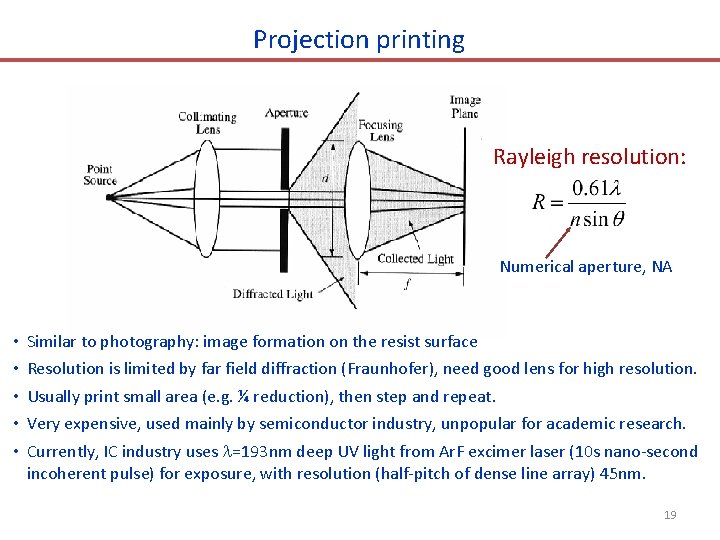 Projection printing Rayleigh resolution: Numerical aperture, NA • • • Similar to photography: image