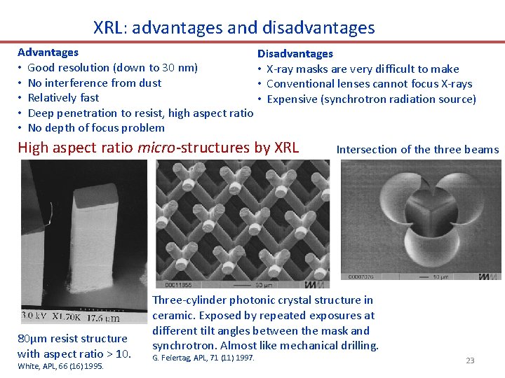 XRL: advantages and disadvantages Advantages • Good resolution (down to 30 nm) • No