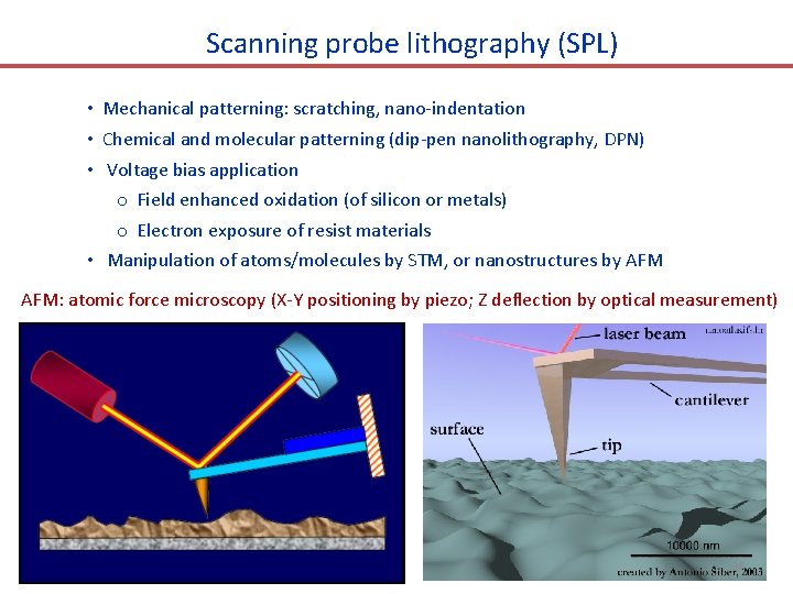 Scanning probe lithography (SPL) • Mechanical patterning: scratching, nano-indentation • Chemical and molecular patterning