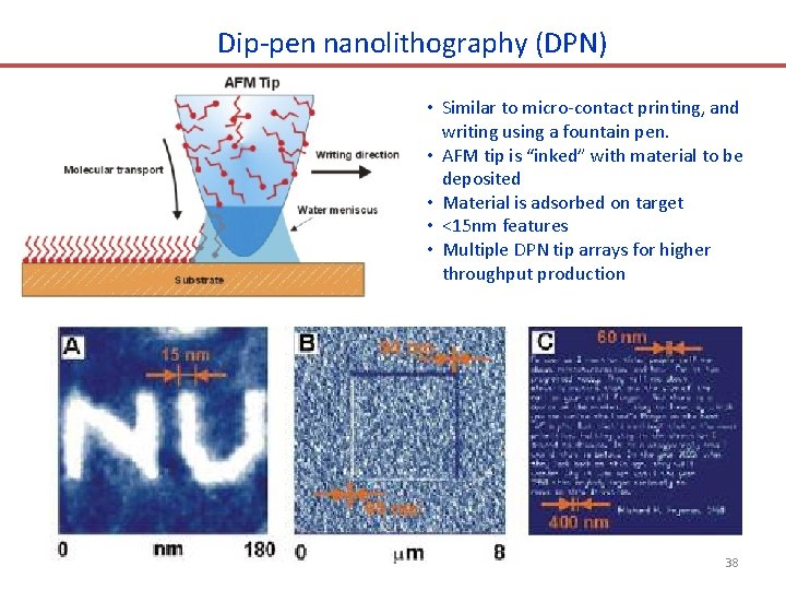 Dip-pen nanolithography (DPN) • Similar to micro-contact printing, and writing using a fountain pen.