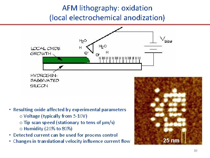 AFM lithography: oxidation (local electrochemical anodization) • Resulting oxide affected by experimental parameters o
