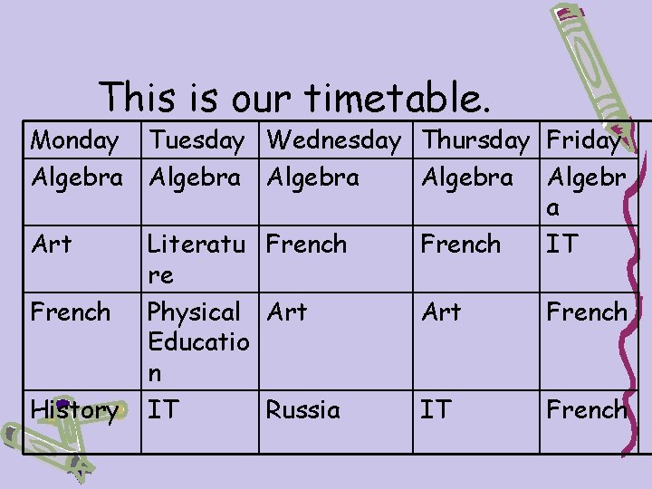This is our timetable. Monday Tuesday Wednesday Thursday Friday Algebra Algebr a Art Literatu