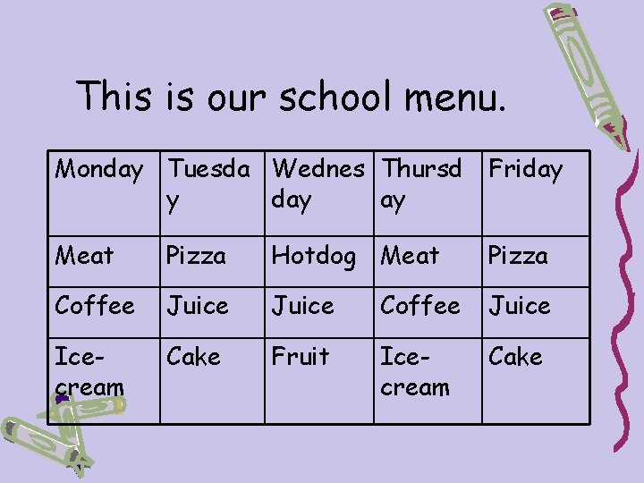 This is our school menu. Monday Tuesda Wednes Thursd Friday y day ay Meat