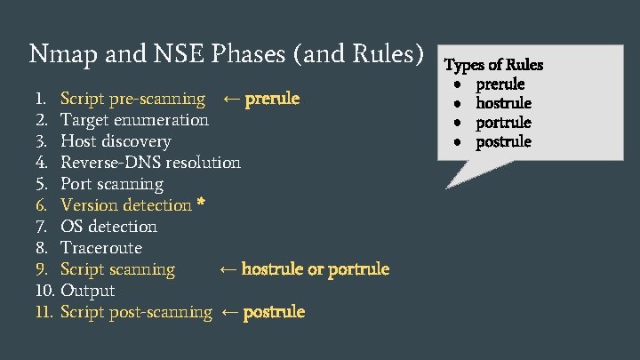 Nmap and NSE Phases (and Rules) 1. 2. 3. 4. 5. 6. 7. 8.