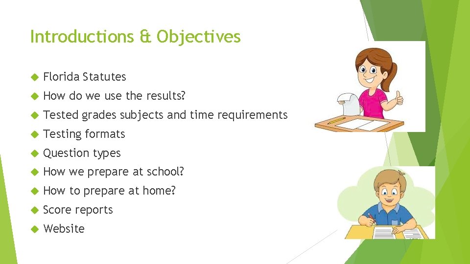 Introductions & Objectives Florida Statutes How do we use the results? Tested grades subjects