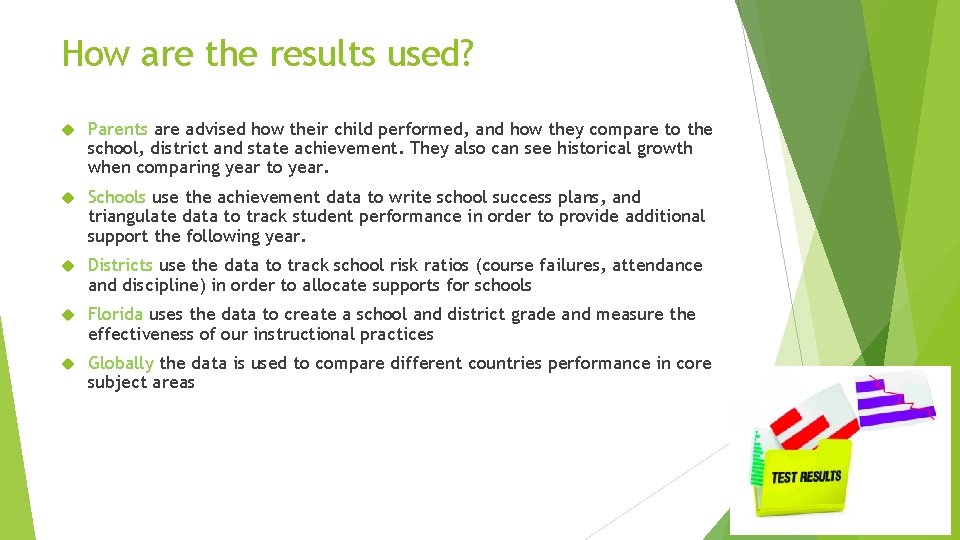 How are the results used? Parents are advised how their child performed, and how