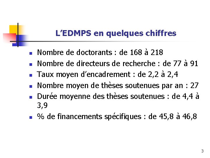 L’EDMPS en quelques chiffres n n n Nombre de doctorants : de 168 à