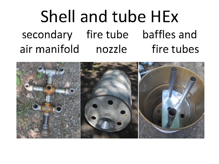 Shell and tube HEx secondary fire tube baffles and air manifold nozzle fire tubes