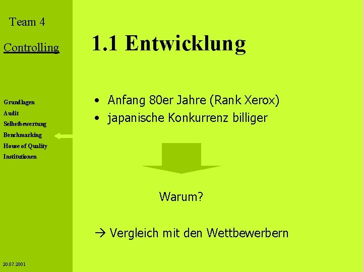 Team 4 Controlling Grundlagen Audit Selbstbewertung 1. 1 Entwicklung • Anfang 80 er Jahre