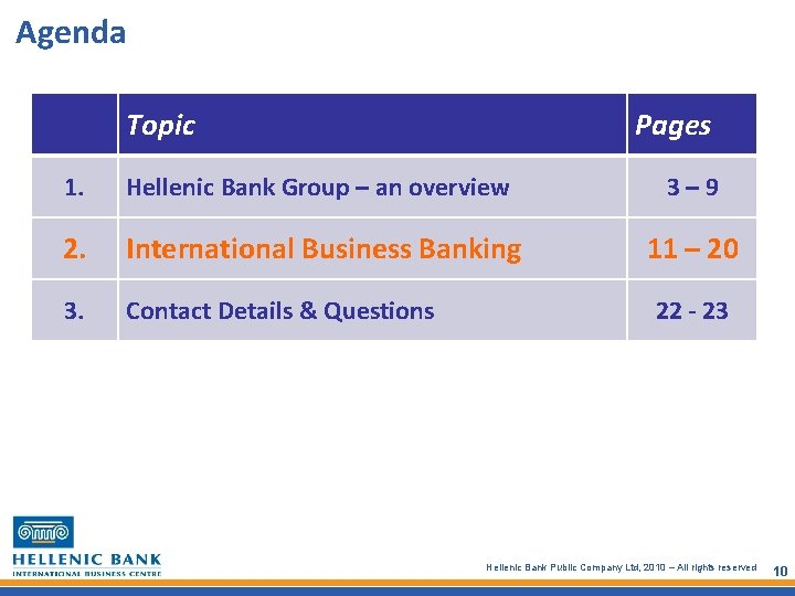 Agenda Topic Pages 1. Hellenic Bank Group – an overview 3– 9 2. International