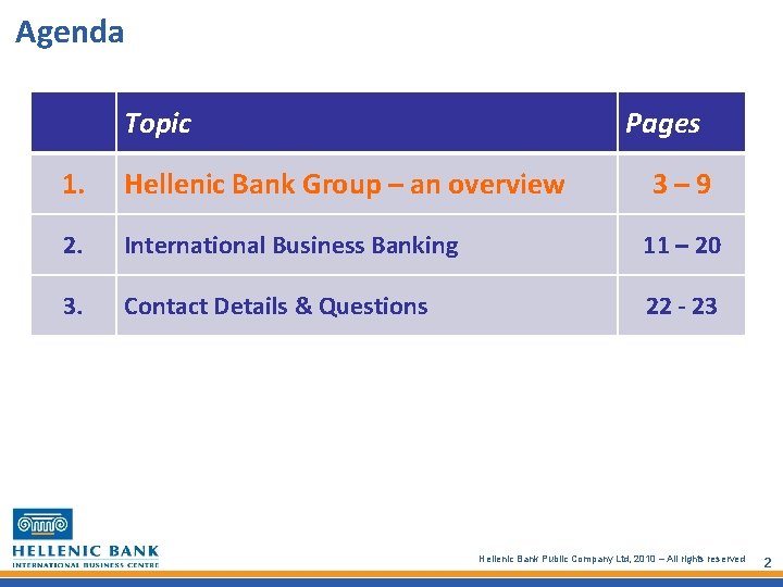 Agenda Topic Pages 1. Hellenic Bank Group – an overview 2. International Business Banking