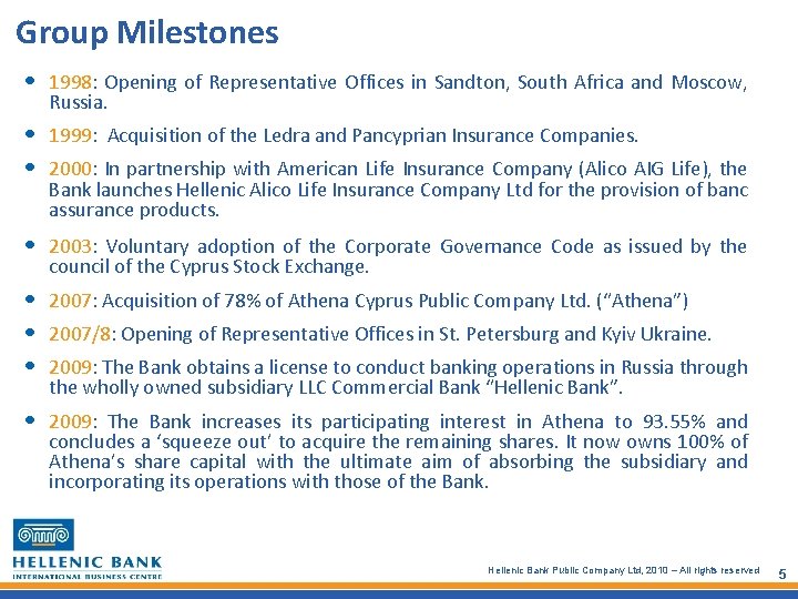 Group Milestones • 1998: Opening of Representative Offices in Sandton, South Africa and Moscow,
