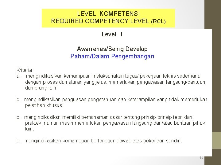 LEVEL KOMPETENSI REQUIRED COMPETENCY LEVEL (RCL) Level 1 Awarrenes/Being Develop Paham/Dalam Pengembangan Kriteria :