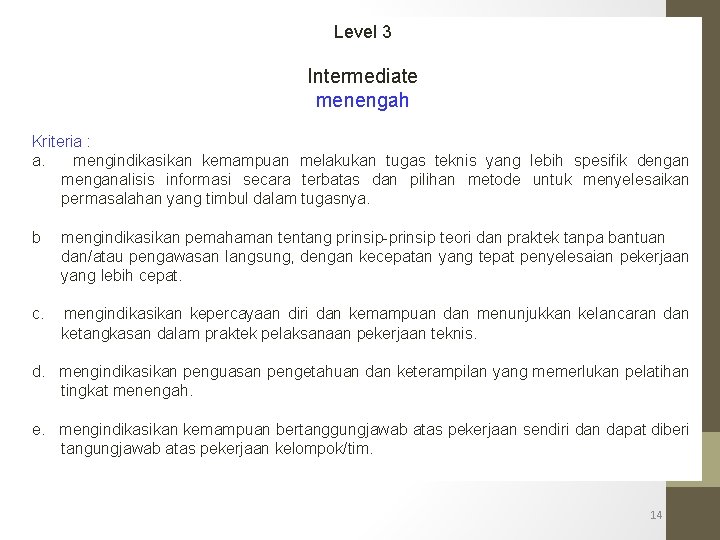 Level 3 Intermediate menengah Kriteria : a. mengindikasikan kemampuan melakukan tugas teknis yang lebih