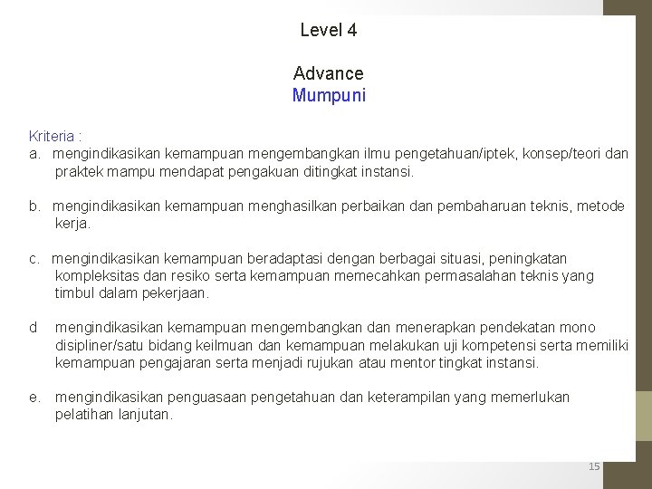 Level 4 Advance Mumpuni Kriteria : a. mengindikasikan kemampuan mengembangkan ilmu pengetahuan/iptek, konsep/teori dan