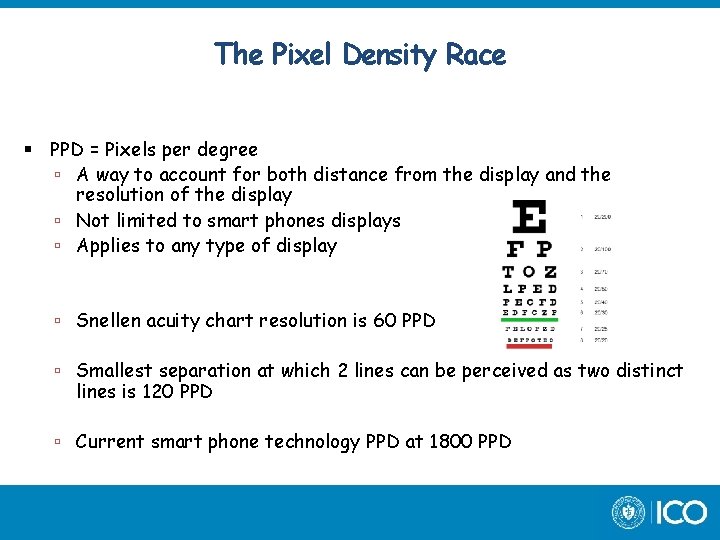 The Pixel Density Race PPD = Pixels per degree A way to account for