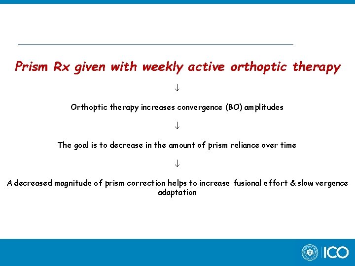  Prism Rx given with weekly active orthoptic therapy Orthoptic therapy increases convergence (BO)