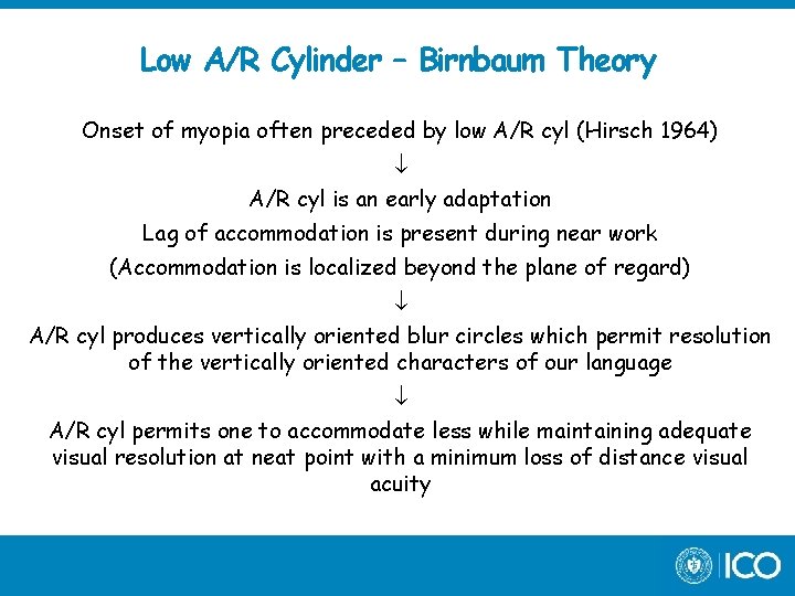 Low A/R Cylinder – Birnbaum Theory Onset of myopia often preceded by low A/R