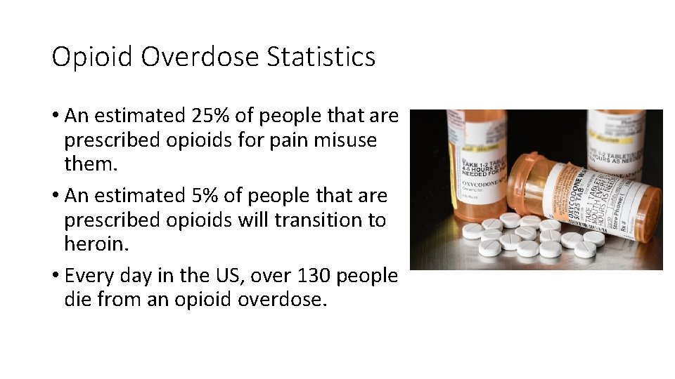 Opioid Overdose Statistics • An estimated 25% of people that are prescribed opioids for