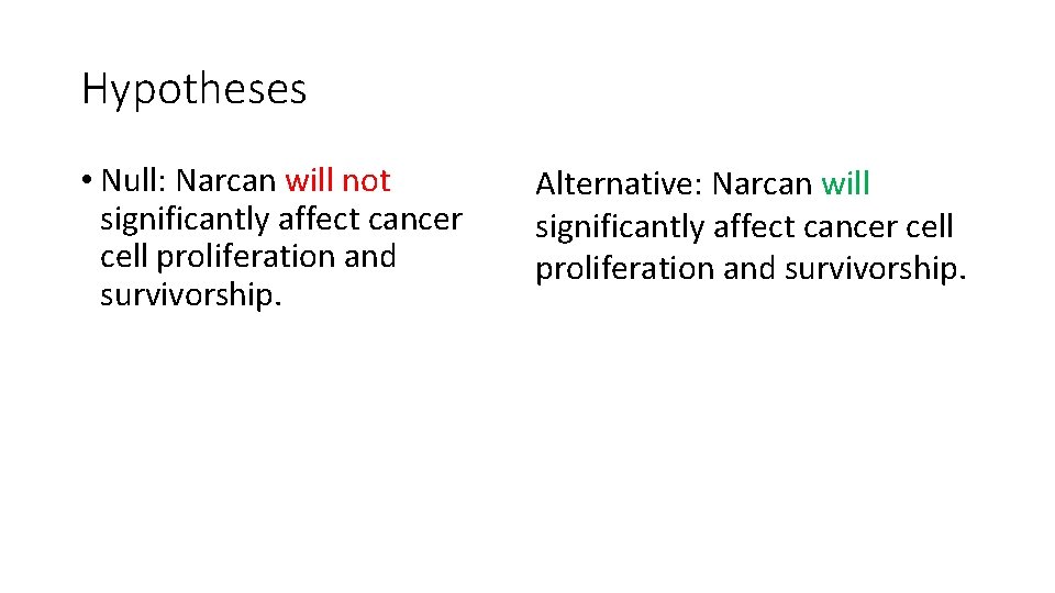 Hypotheses • Null: Narcan will not significantly affect cancer cell proliferation and survivorship. Alternative: