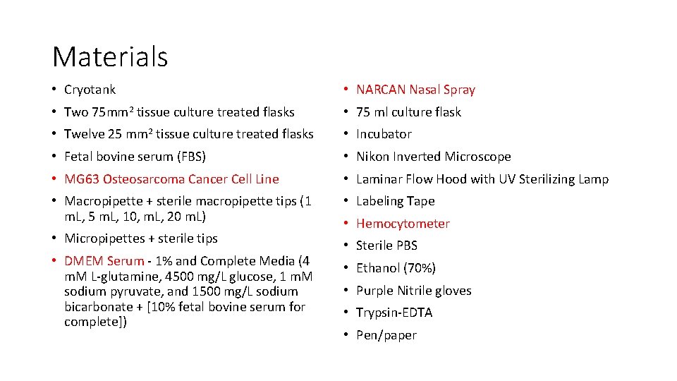 Materials • Cryotank • NARCAN Nasal Spray • Two 75 mm 2 tissue culture