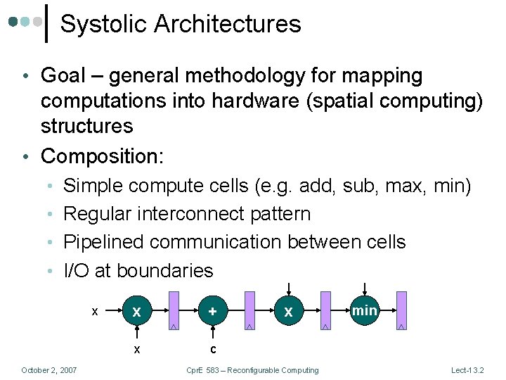 Systolic Architectures • Goal – general methodology for mapping computations into hardware (spatial computing)