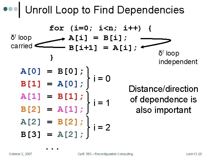 Unroll Loop to Find Dependencies δf loop carried for (i=0; i<n; i++) { A[i]