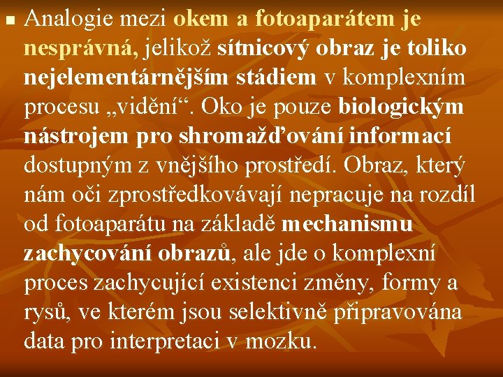 n Analogie mezi okem a fotoaparátem je nesprávná, jelikož sítnicový obraz je toliko nejelementárnějším