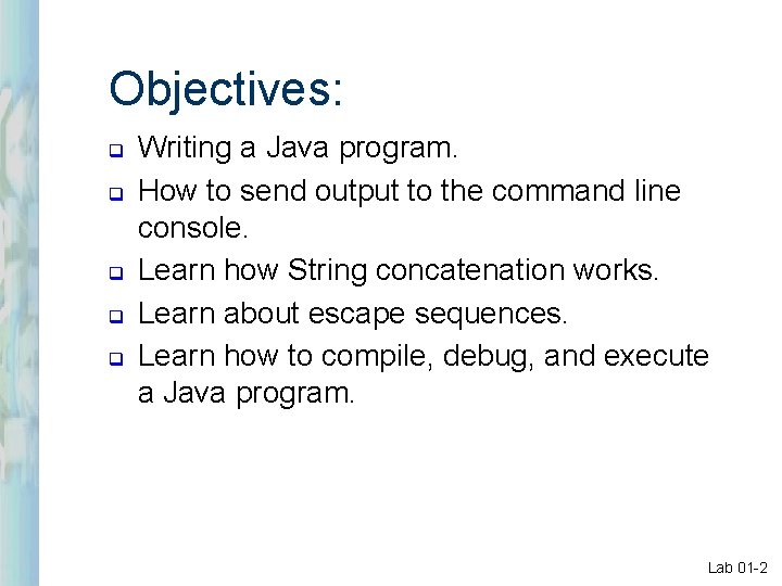 Objectives: q q q Writing a Java program. How to send output to the