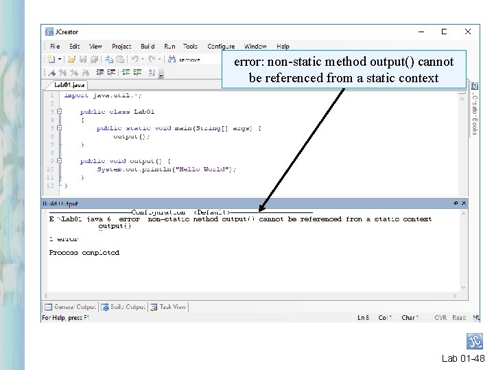 error: non-static method output() cannot be referenced from a static context Lab 01 -48